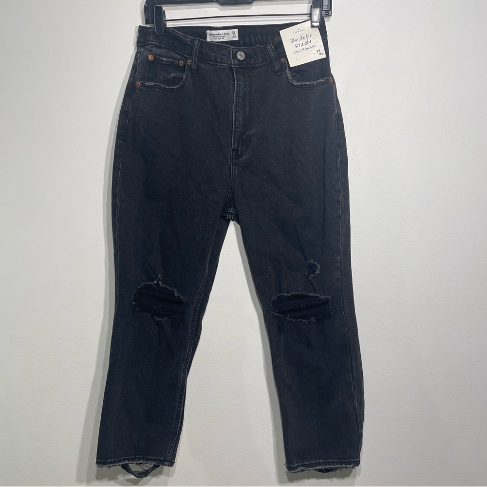 Abercrombie Ankle Straight Ultra High Rise Curve Love Ripped Black Jeans 29XS